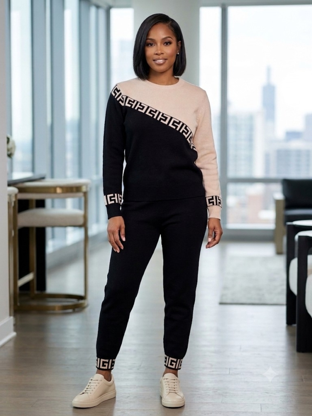 Colorblock Geometric Knit 2 Piece Sweater & Pants Set